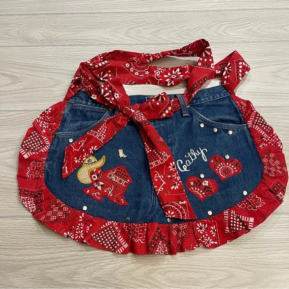 Upcycled Wrangler Blue Denim Red Bandana Cooking Country Western Waist Apron - Picture 9 of 9